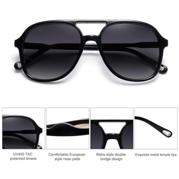 Polarized Aviator Sunglasses Classic 70s Vintage Square Black - Picture 2 of 5